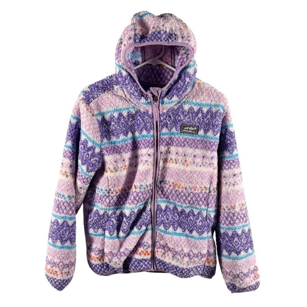 Eddie Bauer Girls Large 14/16 Purple Fair Isle Sherpa Fleece Hooded Jacket